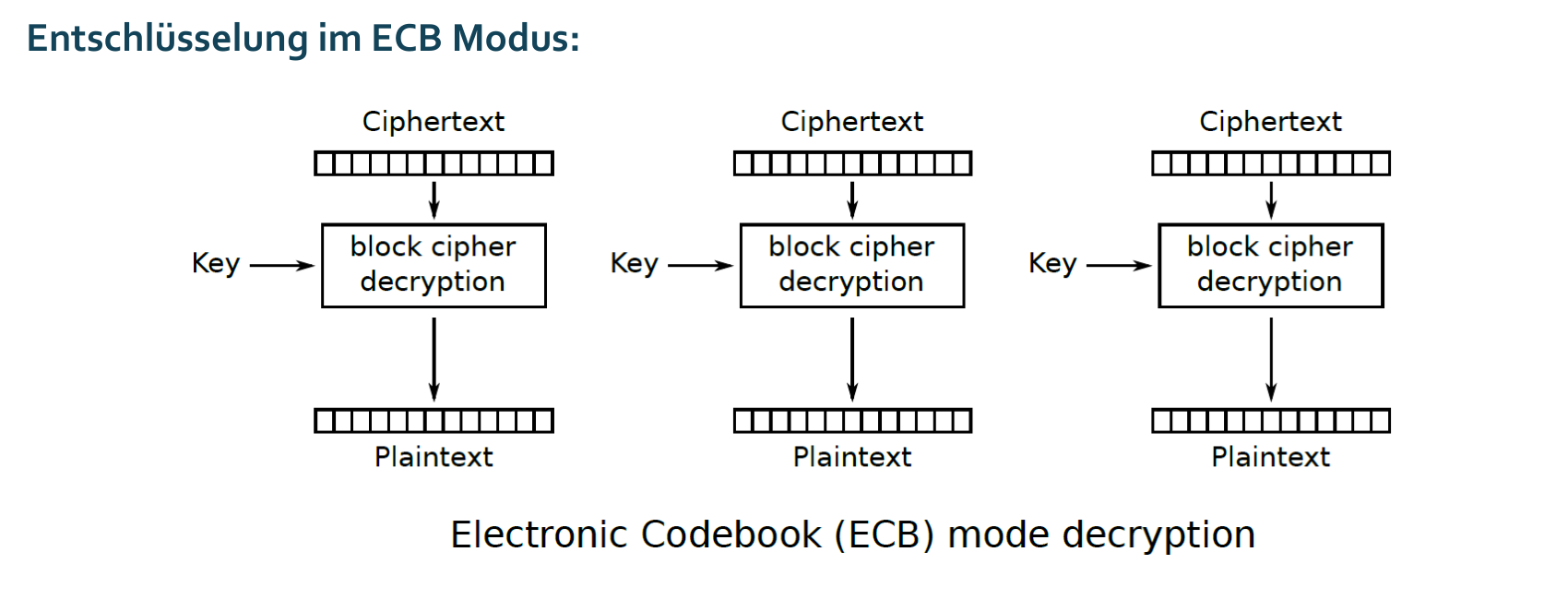 각 ciphertext block이 독립적으로 block cipher decryption을 거쳐 plaintext가 되는 ECB 복호화 도식