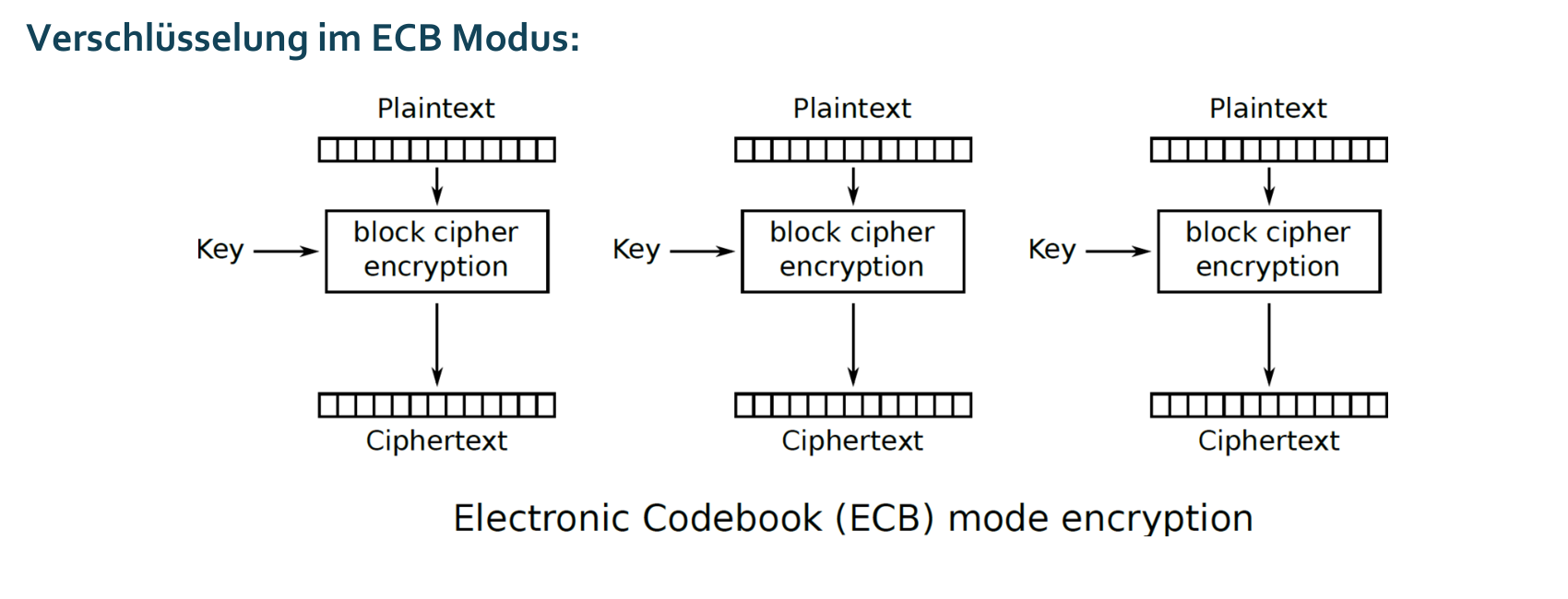 각 plaintext block이 같은 key를 사용하는 독립 block cipher를 거쳐 ciphertext가 되는 ECB 암호화 도식